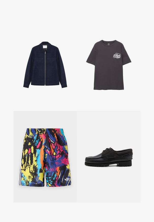 Námorně modrá vlna zipová bunda se dvěma náprsními kapsami, dvěma bočními kapsami a klasickým límcem.; Šedé bavlněné tričko s krátkým rukávem, kulatým výstřihem a bílým potiskem na levé části hrudi. Měkká textilie a volný střih.; Barevné plavky s abstraktním vzorem v černé, modré, žluté, růžové a oranžové. Elastický pás s bočními pruhy.; Černá bota s koženým svrškem, textilními akcenty, kulatými tkaničkami a strukturovanou gumovou podrážkou. Obsahuje šití ve stylu mokasína a detaily s logem.