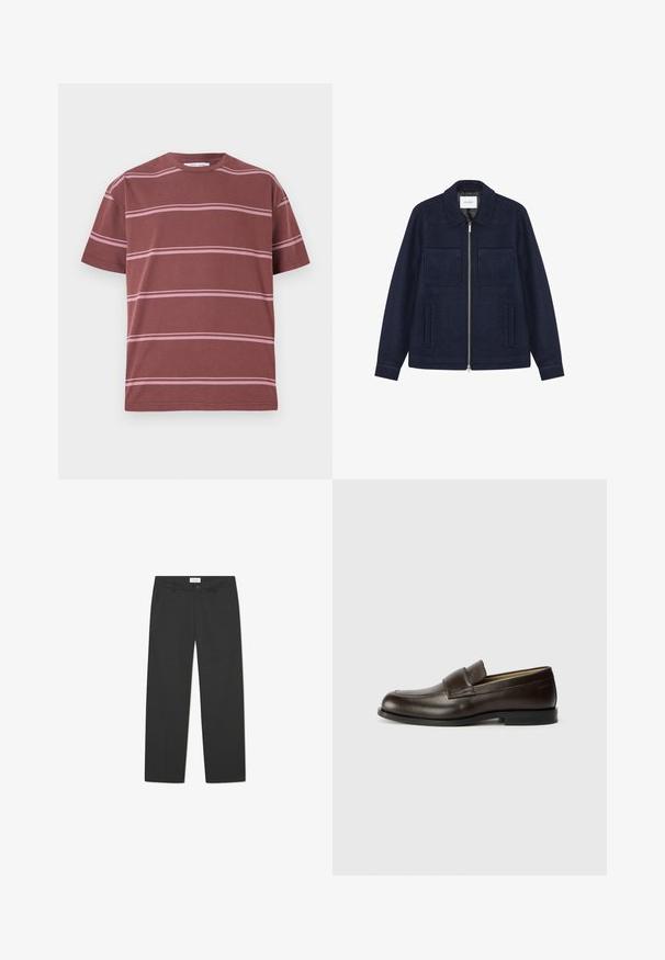 Jachetă zip-up din lână de culoare bleumarin, cu două buzunare pe piept, două buzunare laterale și un guler clasic.; Tricou bordo cu dungi orizontale roz, guler rotund, mâneci scurte și o croială relaxată. Fabricat dintr-un material moale din bumbac.; Pantaloni negri dintr-un material ușor. Prezintă un design drept, cu fața plată, buzunare laterale și un talie discretă.; Calvin Klein Pantofi slip-on - cocoa brown