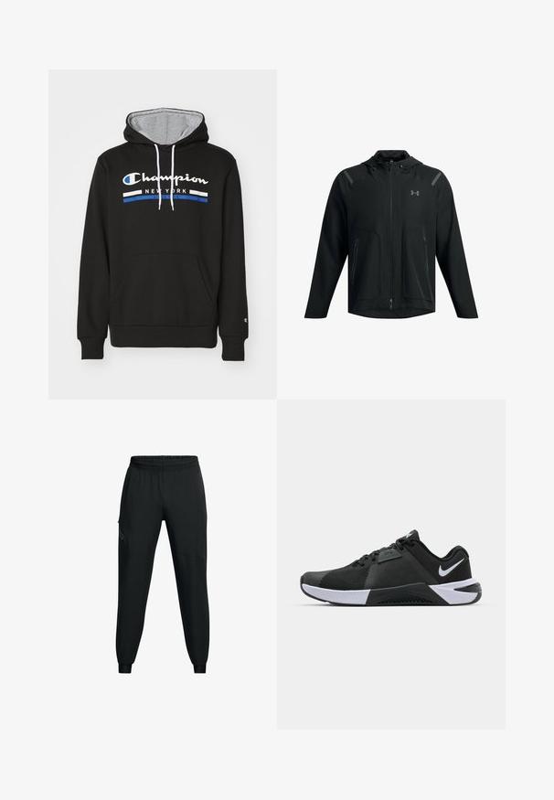 Juodas lengvas džemperis su kapišonu, užtrauktuku priekyje, dviem šoninėmis kišenėmis ir atspindinčiais akcentais ant pečių. Minkšta, lygi tekstūra.; Champion GRAPHIC HOODIE - Džemperis su gobtuvu - black; Juodi sportiniai kelnės su elastinga juosmena, siaurėjančio pjūvio, šoninėmis kišenėmis ir kontrastingais panelių detalėmis. Lengvas, lygus audinys.; Nike Performance METCON 10 - Avalynė treniruotėms - black/white/anthracite