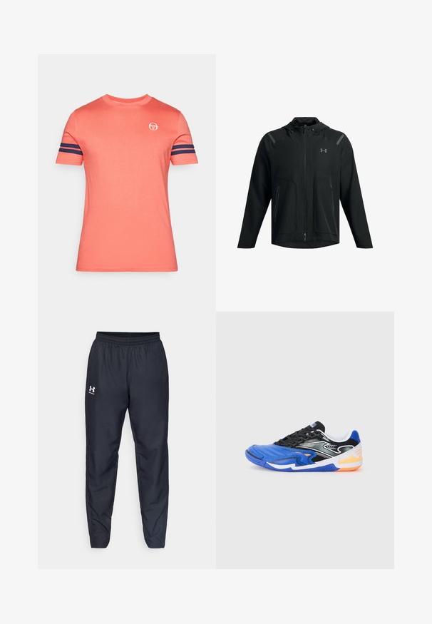 Black lightweight jacket with a hood, zippered front, two side pockets, and reflective accents on shoulders. Soft, smooth texture.; Short-sleeve, crew neck t-shirt in coral, featuring navy blue stripes on sleeves and a small logo on the chest. Soft cotton fabric.; Black athletic pants featuring an elastic waistband, tapered legs, and a white logo on the side. Made from lightweight, durable fabric.; Blue athletic shoe with black accents, featuring a textured design, lace-up closure, and an orange detail on the sole.