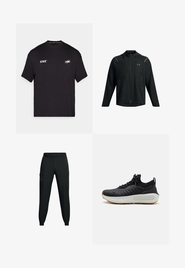 Sort letvægtsjakke med hætte, lynlåslukning foran, to sidelommer og reflekterende detaljer på skuldrene. Blød, glat tekstur.; Sort t-shirt med korte ærmer lavet af bomuld. Har hvid tekst "CNZ" og et stiliseret logo på forsiden. Enkel rund hals design.; Sorte træningsbukser med elastisk talje, tætsiddende bendesign, sidelommer og kontrasterende paneldetaljer. Let og glat stof.; Sort sportssko med en struktureret overdel, sok-lignende krave, grå snørebånd og en hvid mellemsål med et mønster design og gummisål.