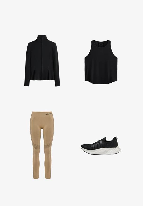 Veste noire zippée avec col haut, fabriquée à partir d'un tissu lisse et extensible. Présente des poches latérales et un design à ourlet évasé.; Haut sans manches noir en tissu lisse, avec un col rond, une coupe droite et des panneaux latéraux avec une texture subtile.; Leggings de sport beiges avec une taille haute, présentant des panneaux texturés et un logo en haut. Fabriqués en matériau extensible pour plus de confort.; chaussure de sport noire avec un dessus texturé, une semelle blanche rembourrée et un branding subtil. Comprend une languette et un laçage.