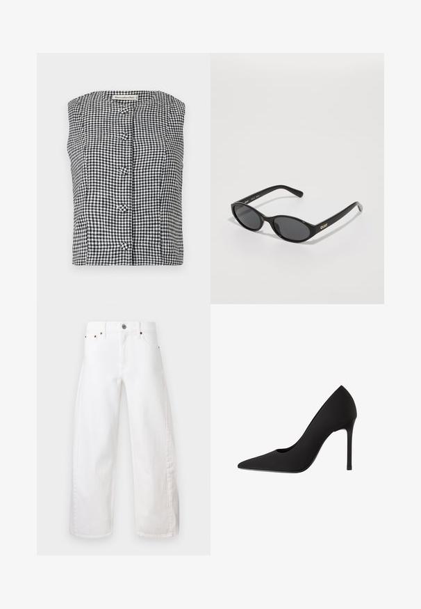 Beige Trenchcoat mit doppelt gelegtem Design, Schulterklappen, tailliertem Gürtel und Knopf-Akzenten an den Manschetten.; Schwarz-weiße Gingham ärmellose Bluse mit runder Halslinie, ausgestattet mit drei vorderen Knöpfen und einem strukturierten Stoff.; Weiße, weit geschnittene Jeans aus Baumwoll-Denim. Mit einem Knopf- und Reißverschluss, Vorderaschen und subtilen Nähten entlang der Säume.; Schwarzer High-Heel-Pumps mit spitzer Zehenpartie, eleganter Satinoberfläche und Stiletto-Absatz. Mit einem subtilen Ausschnitt an der Seite gestaltet.; Schwarze Sonnenbrille mit runden Gläsern, glänzender Kunststofffassung und goldfarbenem "QUAY"-Logo an der Seite. Mit dunkel getönten Gläsern.; Schwarze Lederhandtasche mit gerafftem Oberteil, zwei Schulterriemen, goldfarbener Hardware und einem zentralen runden Akzent. Glatte Textur, kompakte Form.