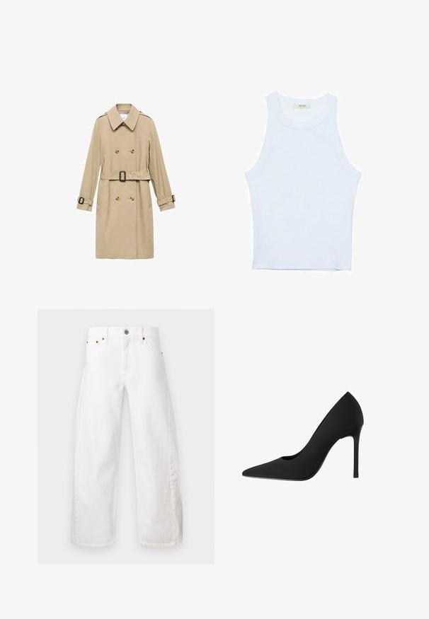 Cappotto beige con design doppiopetto, spalline, vita con cintura e dettagli a bottoni sui polsini.; Canotta bianca, texture a coste, scollatura rotonda, design senza maniche, forma aderente, branding sottile sull'etichetta all'interno dell'area del colletto.; Jeans bianchi a gamba larga realizzati in denim di cotone. Presentano una chiusura con bottone e zip, tasche frontali e cuciture sottili lungo le cuciture.; Pump nero con tacco alto, punta affusolata, finitura in satin lucido e tacco a stiletto. Progettato con un taglio sottile sul lato.