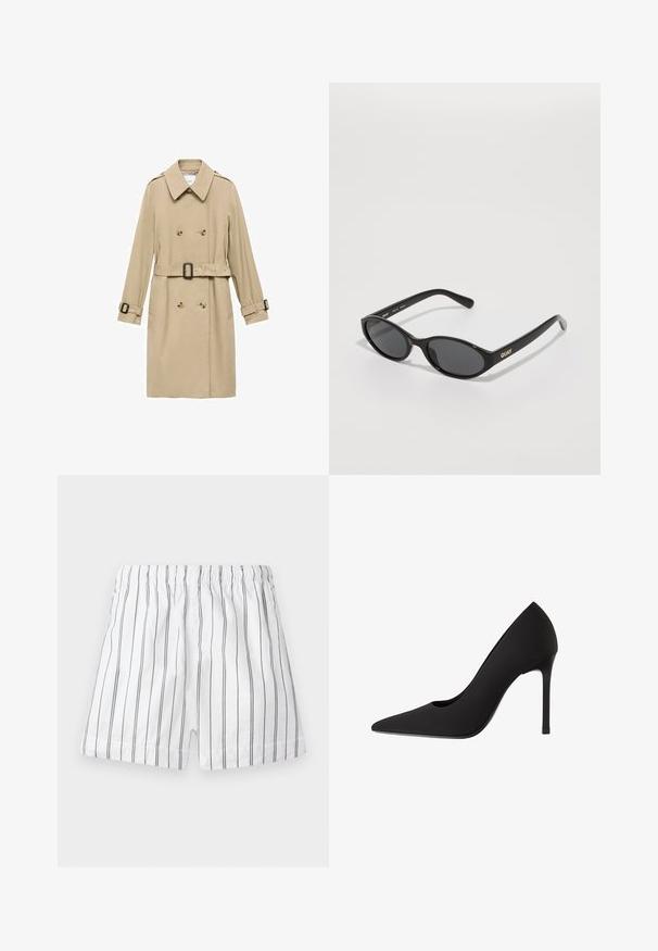 Beige trenchcoat met een dubbelgebreid ontwerp, schouderepauletten, een ceintuur in de taille en knoopaccenten op de manchetten.; Witte tanktop, geribbelde textuur, ronde halslijn, mouwloos ontwerp, aansluitende vorm, subtiele branding op het label binnenin de kraag.; Witte shorts met dunne verticale grijze strepen, een elastische tailleband en een comfortabele pasvorm. Gemaakt van lichtgewicht stof voor ademend vermogen.; Zwarte hoge hak met een spitse neus, een strakke satijnachtige afwerking en een stiletto-hak. Ontworpen met een subtiele uitsparing aan de zijkant.; Zwarte zonnebril met ronde lenzen, glanzend plastic frame en het "QUAY"-logo in goud aan de zijkant. Beschikt over donkergetinte lenzen.; Zwarte leren handtas met een geraffineerde bovenkant, twee schouderbanden, gouden hardware en een centrale ronde accent. Gladde textuur, compacte vorm.