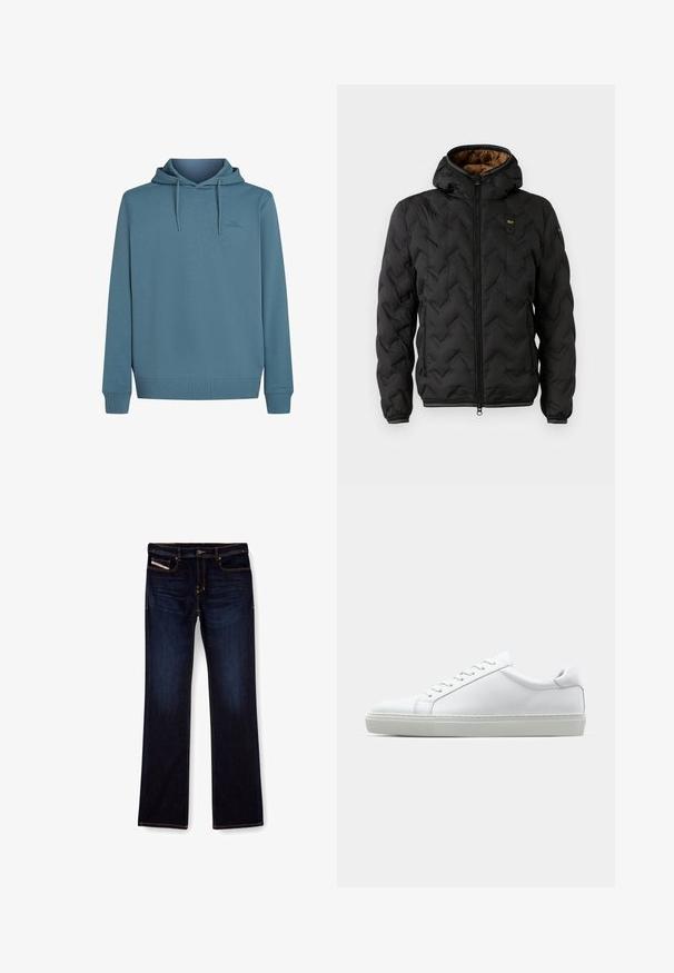 Melna pūkaina jaka ar kapuci, ar izšūtu chevron rakstu, rāvējslēdzēja priekšpusi un elastīgām piedurknēm. Brūns iekšējais oderējums un logo detaļa.; Hoodijaka no mīksta, teksturēta zila auduma. Iespējas ar auklītēm, priekšējās kabatas laukumu un mazu logotipu uz krūtīm.; Tumši zili džinsi ar taisnu kāju griezumu, ar oranžiem diegiem, ar rāvējslēdzēja aizdari un priekšējām kabatām. Gluda auduma tekstūra un standarta jostasvieta.; Baltie sporta apavi ar gludu ādas virsu un zemu profilu. Iezīmējas ar noapaļotu purngalu, sešām acīm un teksturētu gumijas zoli.