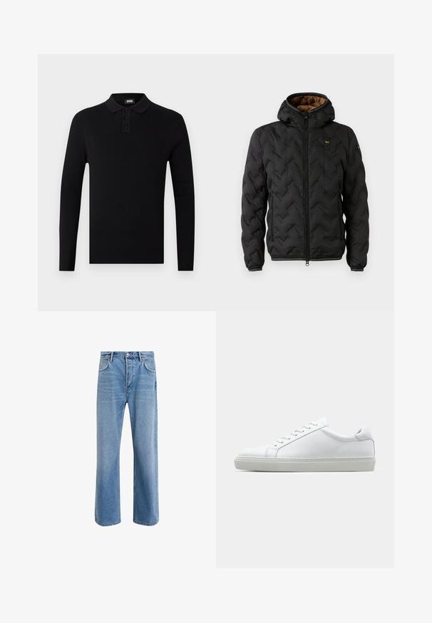Jachetă puf din neopren neagră cu glugă, având un model cu tipare în zig-zag, fermoar frontal și manșete elastice. Captuseala interioară este maro, cu detalii ale logo-ului.; Cămașă polo lungă neagră, cu manșete ribitate, cu trei butoane și un guler moale. Design simplu și versatil.; Jeans din denim bleu deschis cu un design drept, cinci buzunare, închidere cu buton, decolorare minimă și detalii de cusătură în contrast.; Adidași albi cu o suprafață din piele netedă și un profil jos. Au un vârf rotunjit, șase orificii pentru șireturi și o talpă din cauciuc texturată.