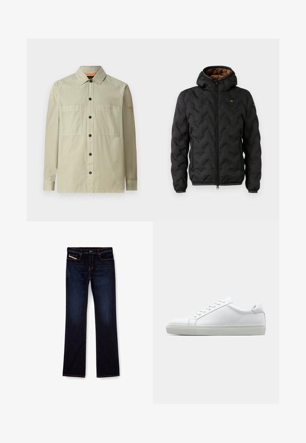 Černá péřová bunda s kapucí, s prošívaným chevronovým vzorem, zapínáním na zip a elastickými manžetami. Hnědá podšívka a detail loga.; Světlá zelená košile s bundou vyrobená z hladké látky; má dvě přední kapsy, černé knoflíky a malou nášivku s logem na rukávu.; Tmavě modré džíny z denimu se střihem rovného nohavice, s oranžovým prošíváním, zipem na přední straně a předními kapsami. Hladká textury a standardní pas.; Bílé tenisky s hladkým koženým svrškem a nízkým profilem. Mají zaoblenou špičku, šest nýtů a texturovanou gumovou podrážku.