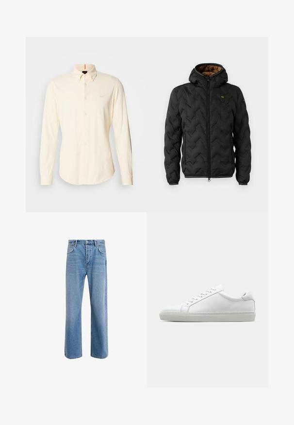 Doudoune noire avec capuche, présentant un motif en chevrons matelassé, fermeture éclair à l'avant et poignets élastiques. Doublure intérieure marron et détail de logo.; Chemise à manches longues, boutonnée, en coton beige clair ; dotée d'un col classique et d'un petit logo sur le côté supérieur gauche de la poitrine.; Jeans en denim bleu clair avec une coupe droite, cinq poches, fermeture à bouton, peu d'usure et des détails de couture contrastés.; Sneaker blanche avec une tige en cuir lisse et un profil bas. Présente un bout arrondi, six œillets et une semelle en caoutchouc texturé.