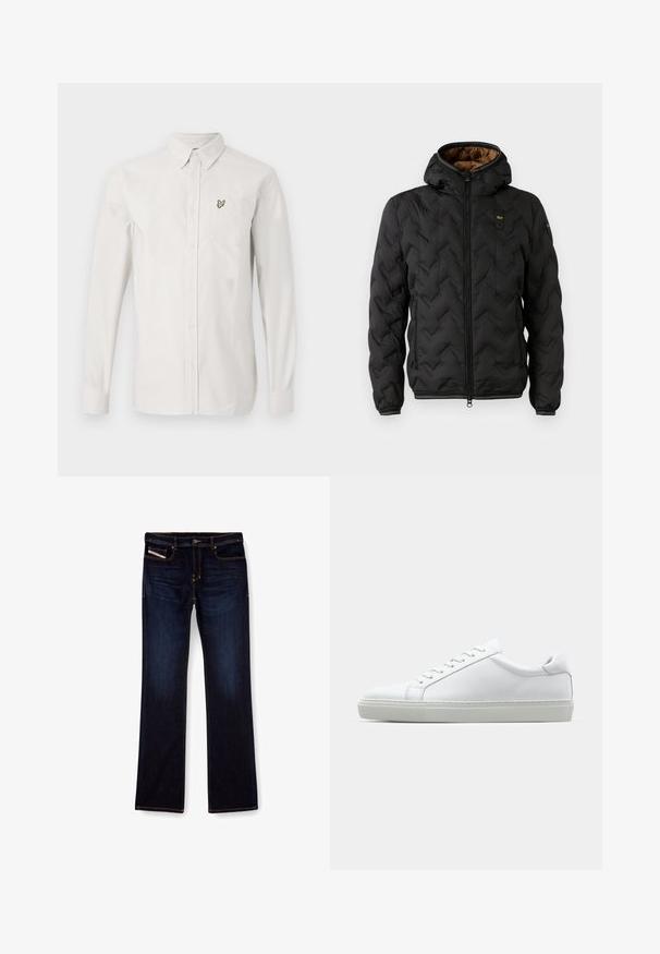 Czarna kurtka puchowa z kapturem, z pikowanym wzorem w zygzak, z zamkiem z przodu i elastycznymi mankietami. Brązowa podszewka i detal z logo.; Biała koszula z długim rękawem wykonana z bawełny. Posiada małe zielone haftowane logo ptaka na lewej kieszeni na piersi.; Granatowe dżinsy typu denim z prostą nogawką, ozdobione pomarańczowymi przeszyciami, z zamkiem błyskawicznym i przednimi kieszeniami. Gładka tekstura oraz standardowy pas.; Białe sneakersy z gładką skórzaną cholewką i niskim profilem. Posiadają okrągły nos, sześć dziurek na sznurówki oraz teksturowaną gumową podeszwę.