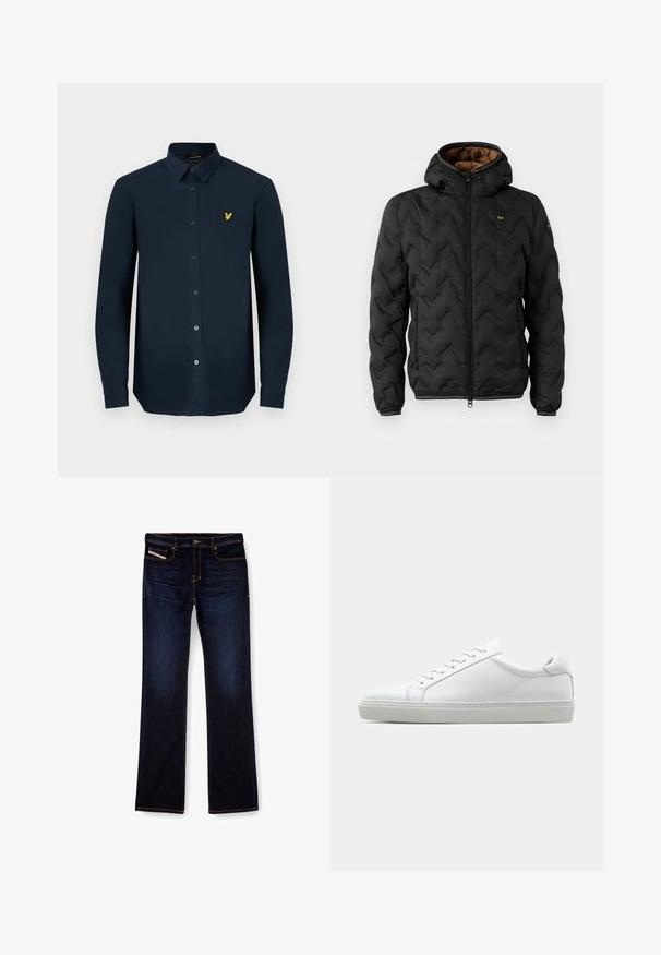 Zwarte pufferjack met een capuchon, voorzien van een gewatteerd chevronpatroon, ritssluiting aan de voorkant en elastische manchetten. Bruine binnenvoering en logo-detail.; Marineblauw overhemd met lange mouwen van gladde stof, met een knoopsluiting aan de voorkant, een puntkraag en een klein geel geborduurd logo op de borst.; Donkerblauwe denim jeans met een rechte pijp, voorzien van oranje stiksels, een ritssluiting en voorzakken. Glad oppervlak en een standaard tailleband.; Witte sneaker met een gladlederen bovenwerk en een laag profiel. Voorzien van een ronde neus, zes vetergaatjes en een gestructureerde rubberen zool.
