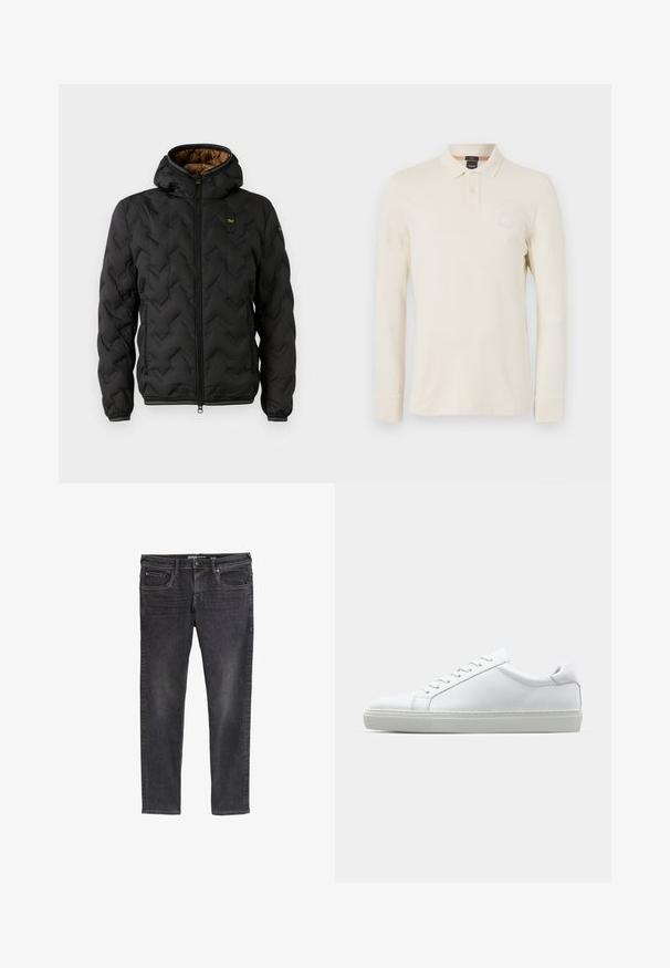 Črna puffer jakna s kapuco, z likano chevron vzorcem, zadrgo spredaj in elastičnimi manšetami. Rjava notranja podloga in podrobnost logotipa.; Polo majica z dolgimi rokavi v svetlo bež barvi, izdelana iz gladkega blaga, z ovratnikom polo, dvobočnim zapenjanjem in majhno logo nalepko na prsih.; Tanke črne jeans hlače z zbledelim finishom, pet žepov, pasnimi zanko in subtilnimi šivi ob šivih.; Bela športna obutev z gladkim usnjenim zgornjim delom in nizkim profilom. Ima zaokrožen nos, šest lukenj za vezalke in teksturiran gumijast podplat.