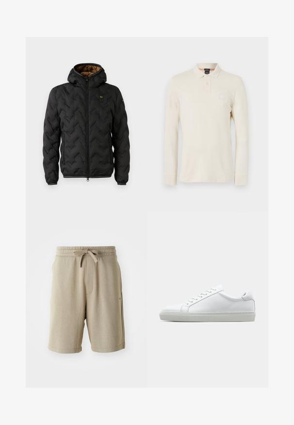 Černá péřová bunda s kapucí, s prošívaným chevronovým vzorem, zapínáním na zip a elastickými manžetami. Hnědá podšívka a detail loga.; Pánská polokošile s dlouhým rukávem ve světle béžové barvě, vyrobená z hladkého materiálu, s límečkem, zapínáním na dva knoflíky a malou nášivkou loga na hrudi.; Béžové šortky s jemnou texturou, elastickým páskem, šňůrkou na stažení a bočními kapsami. Délka ke středu stehna a minimální logo na lemu.; Bílé tenisky s hladkým koženým svrškem a nízkým profilem. Mají zaoblenou špičku, šest nýtů a texturovanou gumovou podrážku.