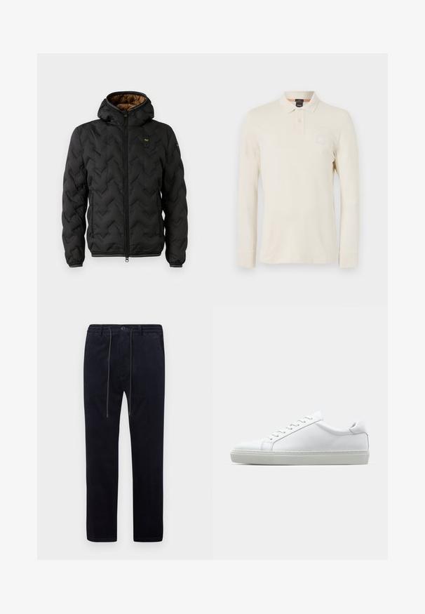 Černá péřová bunda s kapucí, s prošívaným chevronovým vzorem, zapínáním na zip a elastickými manžetami. Hnědá podšívka a detail loga.; Pánská polokošile s dlouhým rukávem ve světle béžové barvě, vyrobená z hladkého materiálu, s límečkem, zapínáním na dva knoflíky a malou nášivkou loga na hrudi.; Námořnické manšestrové kalhoty s texturovaným povrchem, rovnými nohavicemi, elastickým pasem, stahovací šňůrkou a předními kapsami.; Bílé tenisky s hladkým koženým svrškem a nízkým profilem. Mají zaoblenou špičku, šest nýtů a texturovanou gumovou podrážku.