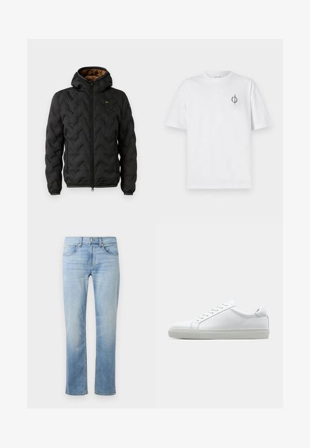 Czarna kurtka puchowa z kapturem, z pikowanym wzorem w zygzak, z zamkiem z przodu i elastycznymi mankietami. Brązowa podszewka i detal z logo.; Biała bawełniana koszulka o luźnym kroju, z małym czarnym graficznym logo na lewej piersi. Krótkie rękawy, klasyczny okrągły dekolt.; Jasnoniebieskie dżinsy o prostym kroju z pięcioma kieszeniami, widocznym szwem i wyblakłym wykończeniem w okolicach ud i kolan.; Białe sneakersy z gładką skórzaną cholewką i niskim profilem. Posiadają okrągły nos, sześć dziurek na sznurówki oraz teksturowaną gumową podeszwę.