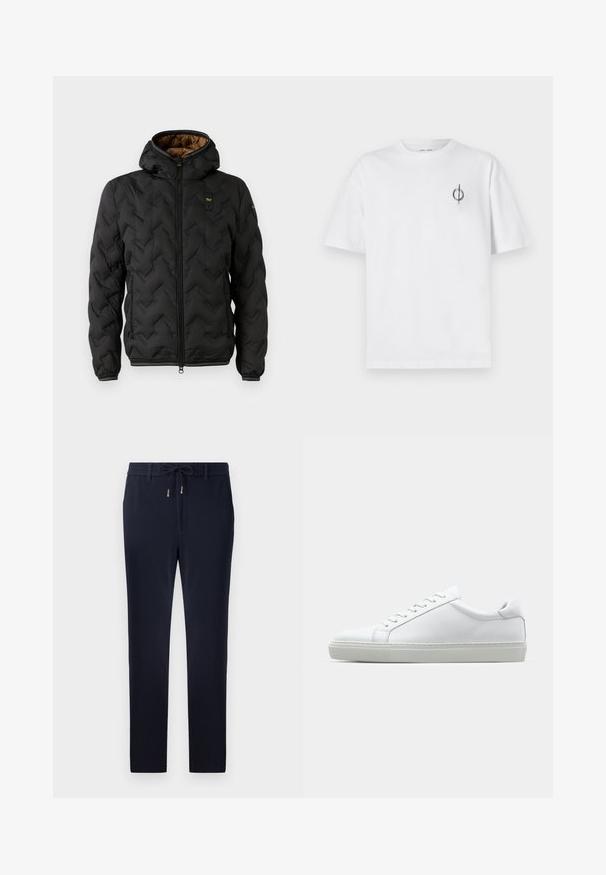 Črna puffer jakna s kapuco, z likano chevron vzorcem, zadrgo spredaj in elastičnimi manšetami. Rjava notranja podloga in podrobnost logotipa.; Bela bombažna majica s sproščenim krojem, ki ima majhen črn grafični logotip na levem prsnem delu. Kratke rokave, okrogel izrez.; Mornarsko modri hlače z elastičnim pasom, ozek kroj in gladka tekstura tkanine. Brez vidnih vzorcev ali dodatkov.; Bela športna obutev z gladkim usnjenim zgornjim delom in nizkim profilom. Ima zaokrožen nos, šest lukenj za vezalke in teksturiran gumijast podplat.