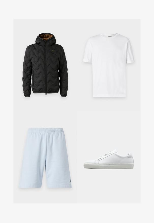 Czarna kurtka puchowa z kapturem, z pikowanym wzorem w zygzak, z zamkiem z przodu i elastycznymi mankietami. Brązowa podszewka i detal z logo.; Biała bawełniana koszulka z okrągłym dekoltem, krótkimi rękawami i podwiniętymi mankietami; prosty design, miękka tekstura i prosty krój.; Jasnoniebieskie bawełniane szorty z elastycznym pasem. Charakteryzują się prostym, jednolitym designem oraz otwarty hem. Akcent logo na dolnym brzegu.; Białe sneakersy z gładką skórzaną cholewką i niskim profilem. Posiadają okrągły nos, sześć dziurek na sznurówki oraz teksturowaną gumową podeszwę.