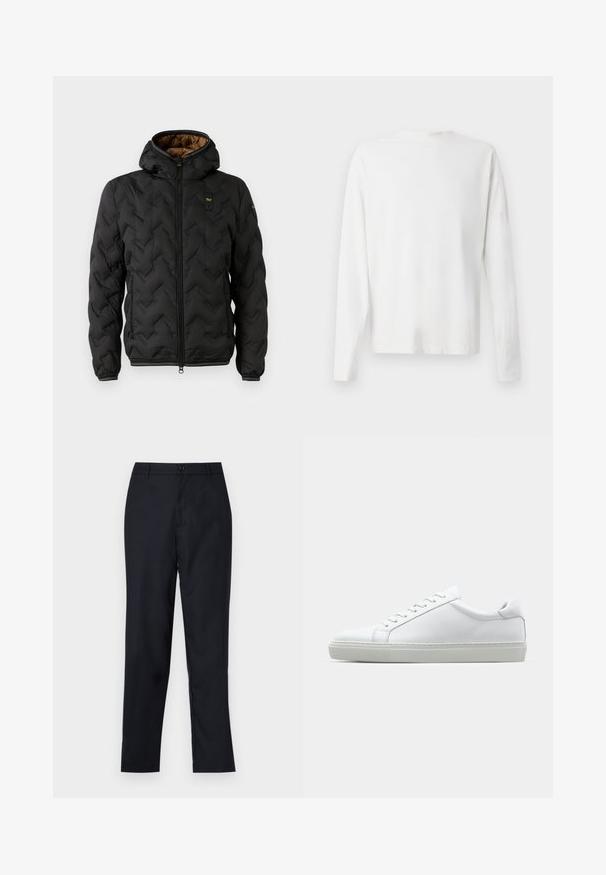 Black puffer jacket with a hood, featuring a quilted chevron pattern, zip front, and elastic cuffs. Brown interior lining and logo detail.; Long-sleeved white cotton shirt with a round neckline, side slits at the bottom, and a smooth texture, displayed from the back.; Navy blue trousers made of smooth fabric, featuring a straight leg design, a single button closure, and subtle front creases.; White sneaker with a smooth leather upper and a low profile. Features a rounded toe, six eyelets, and a textured rubber sole.
