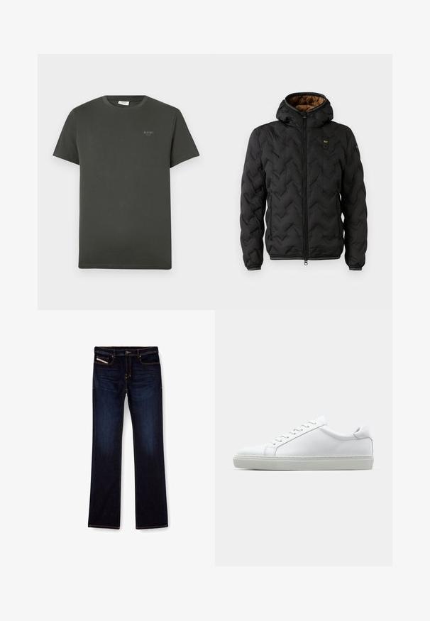 Fekete puffdzseki kapucnival, steppelt Chevron mintázattal, cipzáras elülső résszel és elasztikus mandzsettákkal. Barna belső bélés és logó részlet.; Sötét zöld pamut póló rövid ujjal, kerek nyakkal, és egy kis világoszöld "JOOP!" logóval a mellkas területén.; Sötétkék farmernadrág egyenes lábbal, narancssárga varrással, cipzáras sliccsel és elülső zsebekkel. Simább tapintású és standard derékkal rendelkezik.; Fehér sportcipő sima bőr felső résszel és alacsony profilsal. Kerek orr, hat fűzőlyuk és barázdált gumitalp jellemzi.