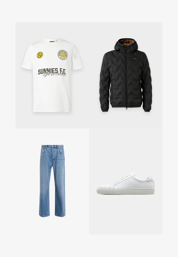Černá péřová bunda s kapucí, s prošívaným chevronovým vzorem, zapínáním na zip a elastickými manžetami. Hnědá podšívka a detail loga.; Bílé bavlněné tričko s krátkými rukávy. Obsahuje dva kulaté nášivky, jeden žlutý a jeden černý, a černý text „SUNNIES FC“ a „Lyle & Scott“.; Světle modré džínové kalhoty s rovnými nohavicemi, pěti kapsami, zapínáním na knoflík, minimálním vyblednutím a kontrastním prošitím.; Bílé tenisky s hladkým koženým svrškem a nízkým profilem. Mají zaoblenou špičku, šest nýtů a texturovanou gumovou podrážku.