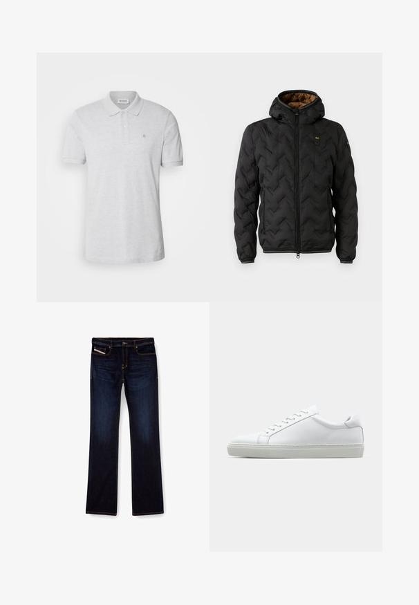 Černá péřová bunda s kapucí, s prošívaným chevronovým vzorem, zapínáním na zip a elastickými manžetami. Hnědá podšívka a detail loga.; Šedé polo tričko vyrobené z bavlny, s klasickým límcem, dvouknoflíkovou légou a malým vyšitým logem na levé straně hrudi.; Tmavě modré džíny z denimu se střihem rovného nohavice, s oranžovým prošíváním, zipem na přední straně a předními kapsami. Hladká textury a standardní pas.; Bílé tenisky s hladkým koženým svrškem a nízkým profilem. Mají zaoblenou špičku, šest nýtů a texturovanou gumovou podrážku.