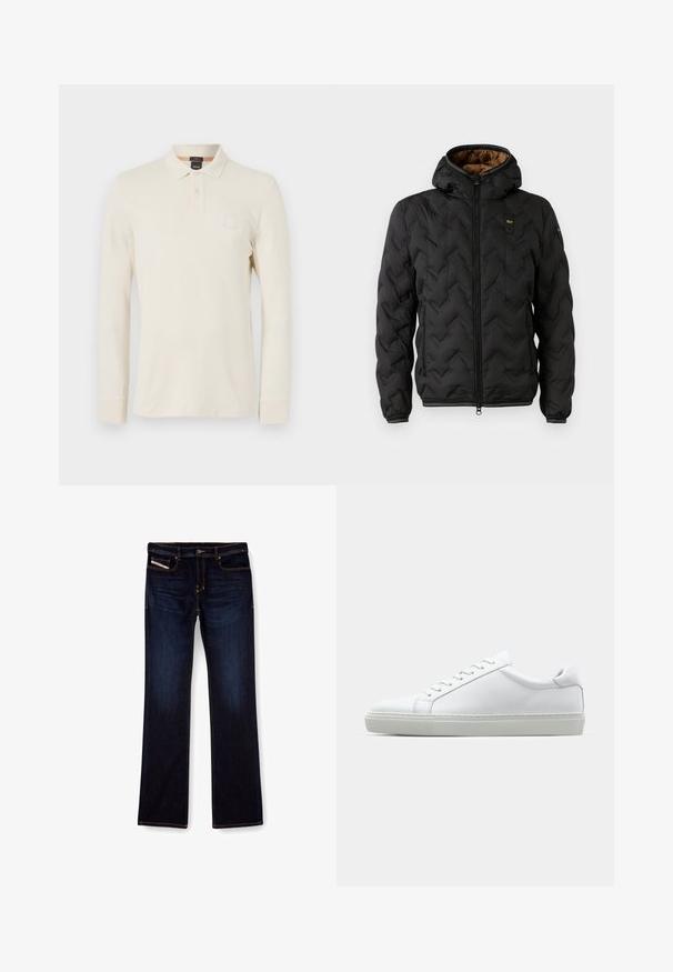 Schwarze Pufferjacke mit Kapuze, ausgestattet mit einem gesteppten Chevron-Muster, Reißverschlussfront und elastischen Bündchen. Braunes Innenfutter und Logodetail.; Langarm-Polo-Shirt in hellem Beige, aus glattem Stoff gefertigt, mit einem Polo-Kragen, einer zwei-Knopf-Leiste und einem kleinen Logo-Patch auf der Brust.; Dunkelblaue Jeans aus Denim mit geradem Bein, ausgestattet mit orangefarbenen Nähten, einem Reißverschluss und Vordertaschen. Glatte Textur und Standardbund.; Weißer Sneaker mit glattem Lederobermaterial und niedrigem Profil. Verfügt über eine runde Zehenpartie, sechs Ösen und eine strukturierte Gummisohle.