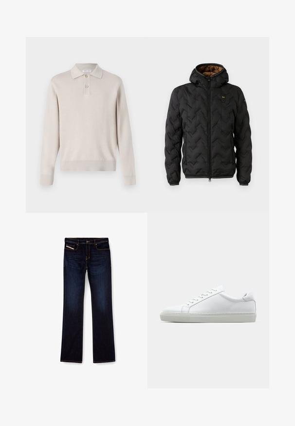 Fekete puffdzseki kapucnival, steppelt Chevron mintázattal, cipzáras elülső résszel és elasztikus mandzsettákkal. Barna belső bélés és logó részlet.; Világos bézs, hosszú ujjú pólóing, puha anyagból készült. Gallérral, három gombos záródással, valamint bordázott mandzsettákkal és alsó szegéllyel rendelkezik.; Sötétkék farmernadrág egyenes lábbal, narancssárga varrással, cipzáras sliccsel és elülső zsebekkel. Simább tapintású és standard derékkal rendelkezik.; Fehér sportcipő sima bőr felső résszel és alacsony profilsal. Kerek orr, hat fűzőlyuk és barázdált gumitalp jellemzi.