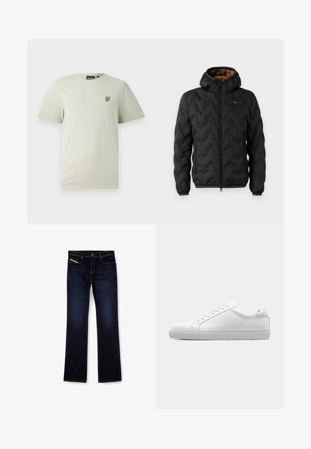 Melna pūkaina jaka ar kapuci, ar izšūtu chevron rakstu, rāvējslēdzēja priekšpusi un elastīgām piedurknēm. Brūns iekšējais oderējums un logo detaļa.; Gaiši zaļš kokvilnas T-krekls ar īsām piedurknēm un apaļu kakla izgriezumu, ar nelielu zaļu izšūtu logotipu kreisajā krūtīs.; Tumši zili džinsi ar taisnu kāju griezumu, ar oranžiem diegiem, ar rāvējslēdzēja aizdari un priekšējām kabatām. Gluda auduma tekstūra un standarta jostasvieta.; Baltie sporta apavi ar gludu ādas virsu un zemu profilu. Iezīmējas ar noapaļotu purngalu, sešām acīm un teksturētu gumijas zoli.