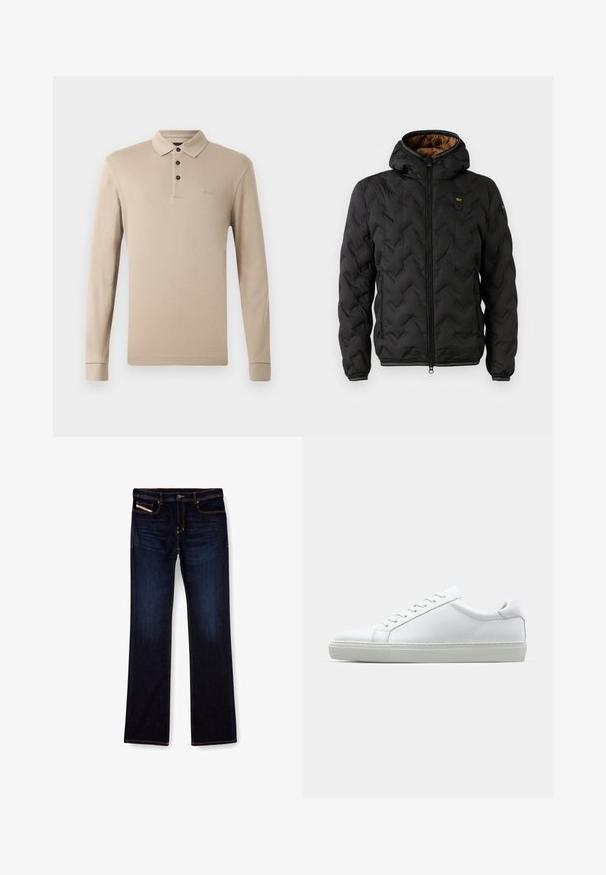 Fekete puffdzseki kapucnival, steppelt Chevron mintázattal, cipzáras elülső résszel és elasztikus mandzsettákkal. Barna belső bélés és logó részlet.; Zöld, hosszú ujjú polo ing, sima pamutból készült, gallérral, három fekete gombbal, és a mellkasán egy hímzett logóval.; Sötétkék farmernadrág egyenes lábbal, narancssárga varrással, cipzáras sliccsel és elülső zsebekkel. Simább tapintású és standard derékkal rendelkezik.; Fehér sportcipő sima bőr felső résszel és alacsony profilsal. Kerek orr, hat fűzőlyuk és barázdált gumitalp jellemzi.