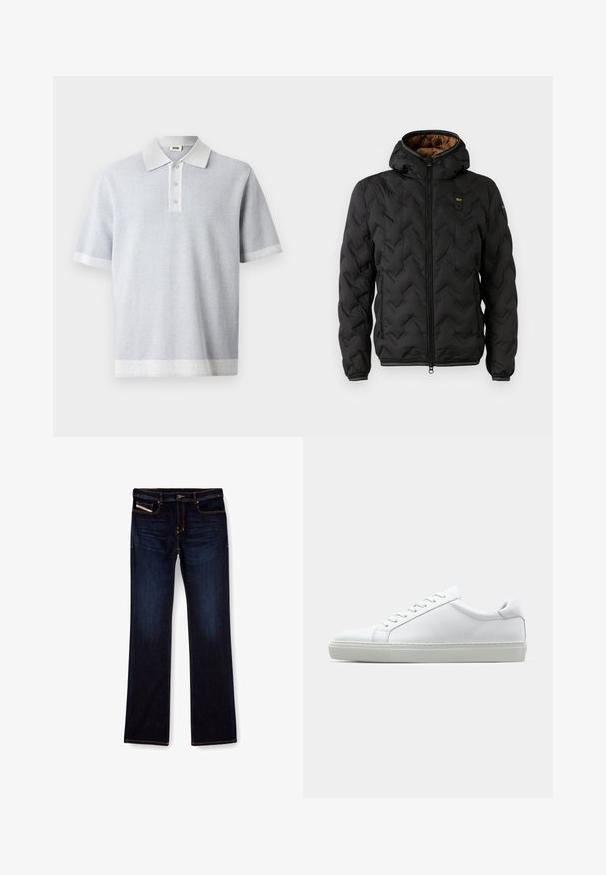 Černá péřová bunda s kapucí, s prošívaným chevronovým vzorem, zapínáním na zip a elastickými manžetami. Hnědá podšívka a detail loga.; Světle šedé polo triko s texturovaným vzorem, krátkými rukávy a kontrastním bílým límcem a okrajem. Tři knoflíky v přední části.; Tmavě modré džíny z denimu se střihem rovného nohavice, s oranžovým prošíváním, zipem na přední straně a předními kapsami. Hladká textury a standardní pas.; Bílé tenisky s hladkým koženým svrškem a nízkým profilem. Mají zaoblenou špičku, šest nýtů a texturovanou gumovou podrážku.