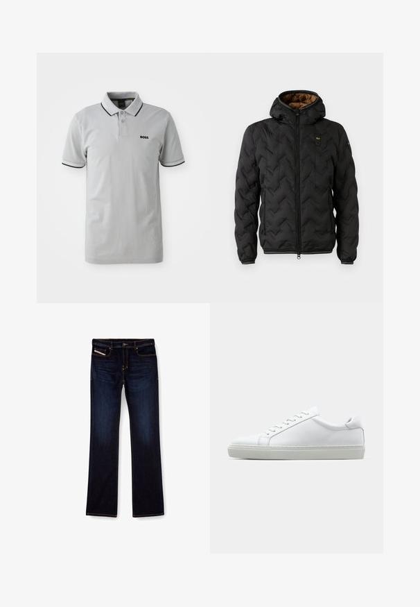 Čierna zateplená bunda s kapucňou, s prešívaným vzorom v tvare šípu, so zipsom vpredu a elastickými manžetami. Hnedá podšívka a detail loga.; Svetlo šedá polo košeľa z bavlny, s klasickým golierom, plaketou na tri gombíky a čierno-bielymi pruhmi na rukávoch.; Tmavomodré denimové džínsy so strihom rovné nohavice, s oranžovým prešívaním, s pružným zipsovým uzáverom a prednými vreckami. Hladká textúra a štandardný pás.; Biele tenisky s hladkým koženým zvrškom a nízkym profilom. Majú zaoblenú špičku, šesť očiek a štruktúrovanú gumovú podrážku.