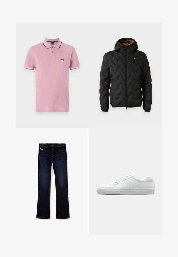 Černá péřová bunda s kapucí, s prošívaným chevronovým vzorem, zapínáním na zip a elastickými manžetami. Hnědá podšívka a detail loga.; Polo triko v světle růžové bavlně s klasickým límečkem, zapínáním na tři knoflíky a kontrastními bílými a tmavými pruhovanými akcenty na manžetách.; Tmavě modré džíny z denimu se střihem rovného nohavice, s oranžovým prošíváním, zipem na přední straně a předními kapsami. Hladká textury a standardní pas.; Bílé tenisky s hladkým koženým svrškem a nízkým profilem. Mají zaoblenou špičku, šest nýtů a texturovanou gumovou podrážku.