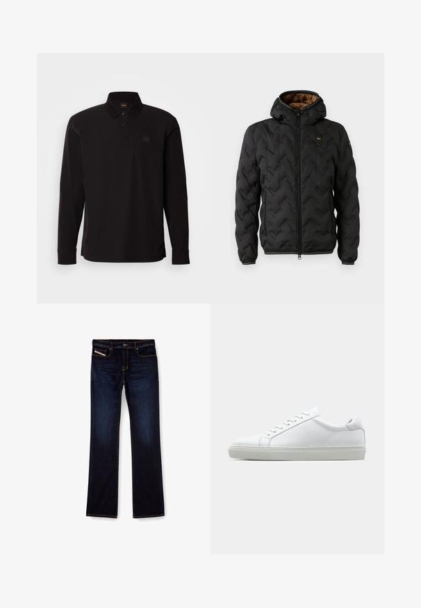 Schwarze Pufferjacke mit Kapuze, ausgestattet mit einem gesteppten Chevron-Muster, Reißverschlussfront und elastischen Bündchen. Braunes Innenfutter und Logodetail.; Schwarzes Langarm-Polohemd aus Baumwolle mit Kragen, Knopfleiste und einem kleinen Logopatch auf der linken Brust.; Dunkelblaue Jeans aus Denim mit geradem Bein, ausgestattet mit orangefarbenen Nähten, einem Reißverschluss und Vordertaschen. Glatte Textur und Standardbund.; Weißer Sneaker mit glattem Lederobermaterial und niedrigem Profil. Verfügt über eine runde Zehenpartie, sechs Ösen und eine strukturierte Gummisohle.