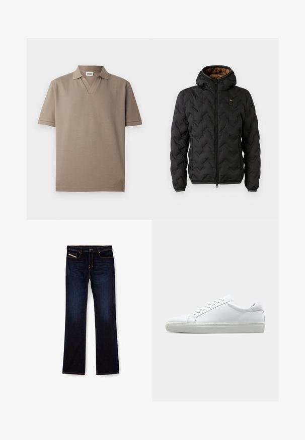 Černá péřová bunda s kapucí, s prošívaným chevronovým vzorem, zapínáním na zip a elastickými manžetami. Hnědá podšívka a detail loga.; Polo tričko s krátkým rukávem a výstřihem do V v světle hnědé texturované látce s jemným vzorem, s klasickým límcem a uvolněným střihem.; Tmavě modré džíny z denimu se střihem rovného nohavice, s oranžovým prošíváním, zipem na přední straně a předními kapsami. Hladká textury a standardní pas.; Bílé tenisky s hladkým koženým svrškem a nízkým profilem. Mají zaoblenou špičku, šest nýtů a texturovanou gumovou podrážku.