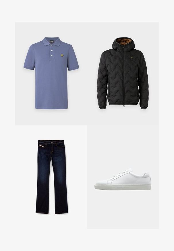 Jachetă puf din neopren neagră cu glugă, având un model cu tipare în zig-zag, fermoar frontal și manșete elastice. Captuseala interioară este maro, cu detalii ale logo-ului.; Tricou polo din bumbac albastru deschis, cu guler clasic, fenta cu trei nasturi și broderie logo galbenă pe pieptul stâng.; Jeans din denim de culoare albastru închis, cu croială dreaptă, prezentând cusături portocalii, fermoar și buzunare frontale. Textură netedă și talie standard.; Adidași albi cu o suprafață din piele netedă și un profil jos. Au un vârf rotunjit, șase orificii pentru șireturi și o talpă din cauciuc texturată.