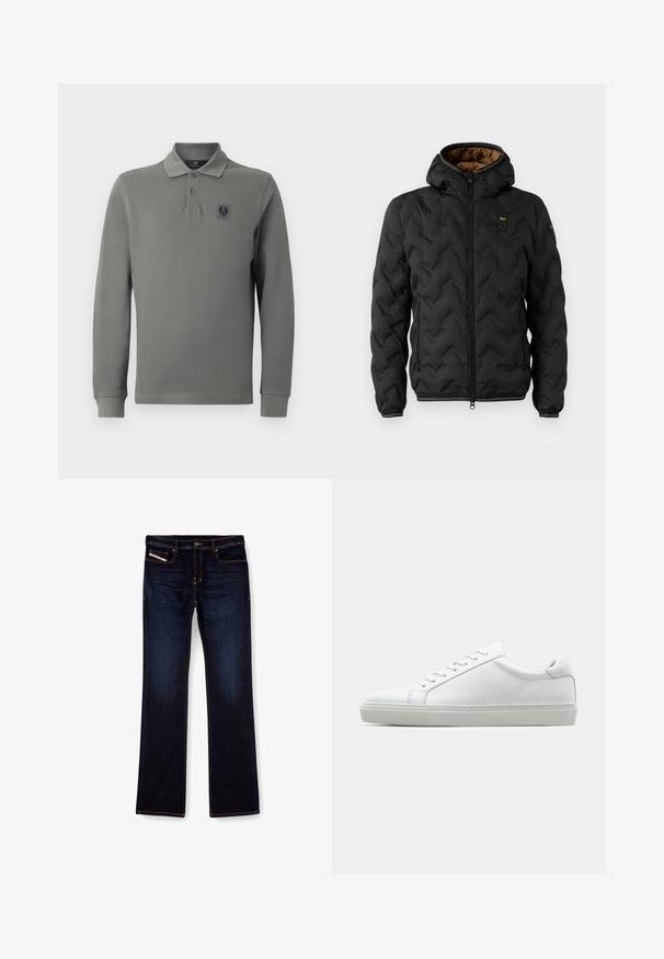 Črna puffer jakna s kapuco, z likano chevron vzorcem, zadrgo spredaj in elastičnimi manšetami. Rjava notranja podloga in podrobnost logotipa.; Polo majica z dolgimi rokavi v olivno zeleni barvi, narejena iz teksturiranega blaga, z gumbnim zapenjanjem na treh gumbih in logotipno nalepko na prsih.; Temno modri jeans z ravnim krojem nogavic, s pomarančnim šivom, z zadrgo in sprednjimi žepi. Gladka tekstura in standardni pas.; Bela športna obutev z gladkim usnjenim zgornjim delom in nizkim profilom. Ima zaokrožen nos, šest lukenj za vezalke in teksturiran gumijast podplat.