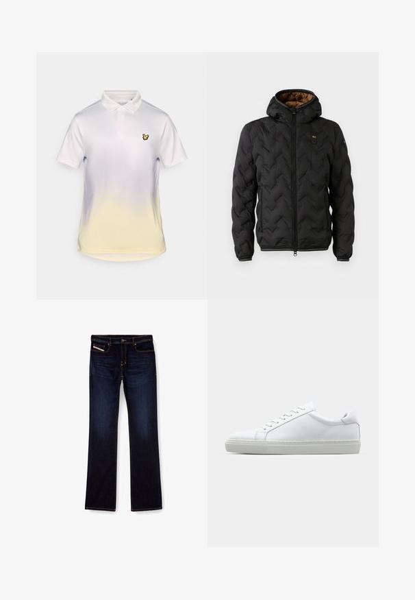 Doudoune noire avec capuche, présentant un motif en chevrons matelassé, fermeture éclair à l'avant et poignets élastiques. Doublure intérieure marron et détail de logo.; Chemise polo blanche avec un dégradé jaune en bas, un col classique, et un petit logo d'oiseau noir sur la poitrine gauche.; Jean en denim bleu foncé avec une coupe droite, présentant des coutures orange, une fermeture éclair et des poches avant. Texture lisse et taille standard.; Sneaker blanche avec une tige en cuir lisse et un profil bas. Présente un bout arrondi, six œillets et une semelle en caoutchouc texturé.