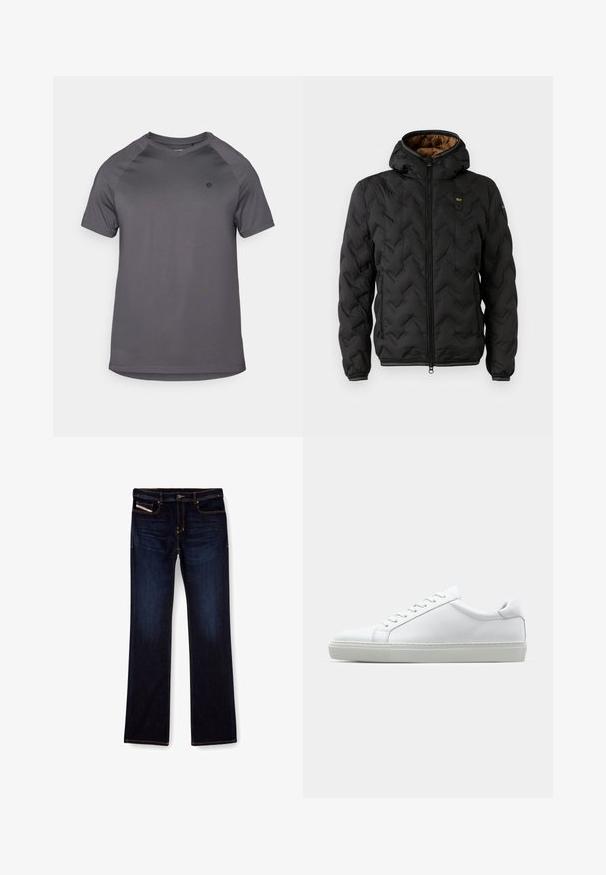 Črna puffer jakna s kapuco, z likano chevron vzorcem, zadrgo spredaj in elastičnimi manšetami. Rjava notranja podloga in podrobnost logotipa.; Siva športna majica z okroglim izrezom, kratkimi raglan rokavi in gladko teksturo, z logotipom na levi strani.; Temno modri jeans z ravnim krojem nogavic, s pomarančnim šivom, z zadrgo in sprednjimi žepi. Gladka tekstura in standardni pas.; Bela športna obutev z gladkim usnjenim zgornjim delom in nizkim profilom. Ima zaokrožen nos, šest lukenj za vezalke in teksturiran gumijast podplat.