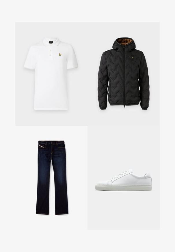 Čierna zateplená bunda s kapucňou, s prešívaným vzorom v tvare šípu, so zipsom vpredu a elastickými manžetami. Hnedá podšívka a detail loga.; Biele polokošeľa vyrobená z bavlny s textúrovaným povrchom. Obsahuje žlté vyšívané logo na hrudi, zapínanie na dva gombíky a kontrastný lem goliera.; Tmavomodré denimové džínsy so strihom rovné nohavice, s oranžovým prešívaním, s pružným zipsovým uzáverom a prednými vreckami. Hladká textúra a štandardný pás.; Biele tenisky s hladkým koženým zvrškom a nízkym profilom. Majú zaoblenú špičku, šesť očiek a štruktúrovanú gumovú podrážku.