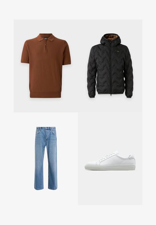 Svart puffjacka med huva, med ett kviltat chevronmönster, dragkedja fram och elastiska ärmslut. Brun inredning och logodetalj.; Brun kortärmad polo tröja i mjukt stickat material med dragkedja och klassisk krage. Har en figursydd nederkant.; Ljust blå denimjeans med rak passform, fem fickor, knappstängning, minimal blekning och kontrasterande sömdetaljer.; Vit sneaker med en slät läderövre och låg profil. Har en rundad tå, sex snörhål och en strukturerad gummisula.