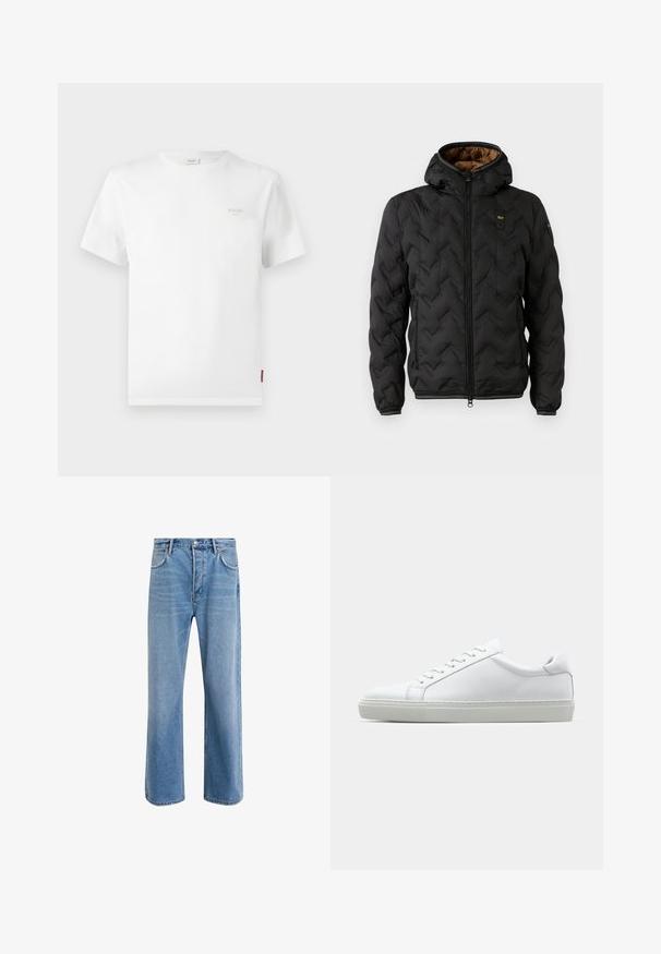 Black puffer jacket with a hood, featuring a quilted chevron pattern, zip front, and elastic cuffs. Brown interior lining and logo detail.; White cotton t-shirt with short sleeves, round neck, and a small gray logo on the left chest. Plain design, regular fit, smooth texture.; Light blue denim jeans with a straight-leg design, five pockets, button closure, minimal fading, and contrasting stitching details.; White sneaker with a smooth leather upper and a low profile. Features a rounded toe, six eyelets, and a textured rubber sole.