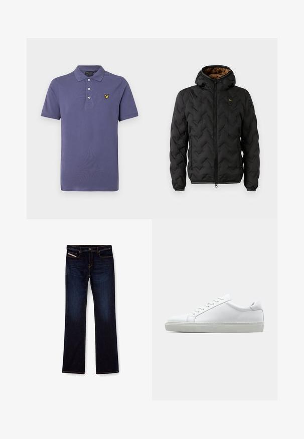 Mustard puffer-jakk, millel on kapuuts, four-jahutustükkidega chevron muster, tõmblukk ja elastsed mansetid. Pruna sisepind ja logo detail.; Tumesinise puuvillane polo särk klassikalise kraega, kolme nupu ja kollase brodeeritud logoga vasakul rinnal.; Tumed sinine denimist teksapüksid sirge lõikega, millel on oranž õmblus, lukuga ees ja eesmine tasku. Sile tekstuur ja tavaline vöökoht.; Valge tennisetoss, millel on sile nahk pealis ja madal profiil. Omab ümarat ninaosa, kuut silmust ja tekstuuriga kummist talda.