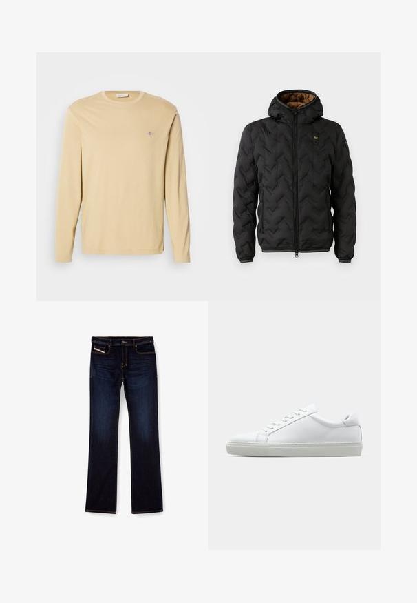 Mustapuffatakki hupparilla, jossa on tikattu vinoraitakuosi, vetoketjuluukku ja elastiset hihansuut. Ruskea sisävuori ja logotiedot.; Beige pitkähihaine crewneck-paita, jossa on pieni brodeerattu logo vasemmalla rintaosassa, esillä yksinkertaisella valkoisella taustalla.; Tummansinisiä farkkuja, joissa on suora lahje, oransseilla ompeleilla, vetoketjulla ja etutaskuilla. Sujuva pinta ja normaali vyötärö.; Valkoinen tennari, jossa on sileä nahkapäällinen ja matala profiili. Ominaisuuksiin kuuluu pyöreä kärki, kuusi rei'itystä ja teksturoitu kumipohja.