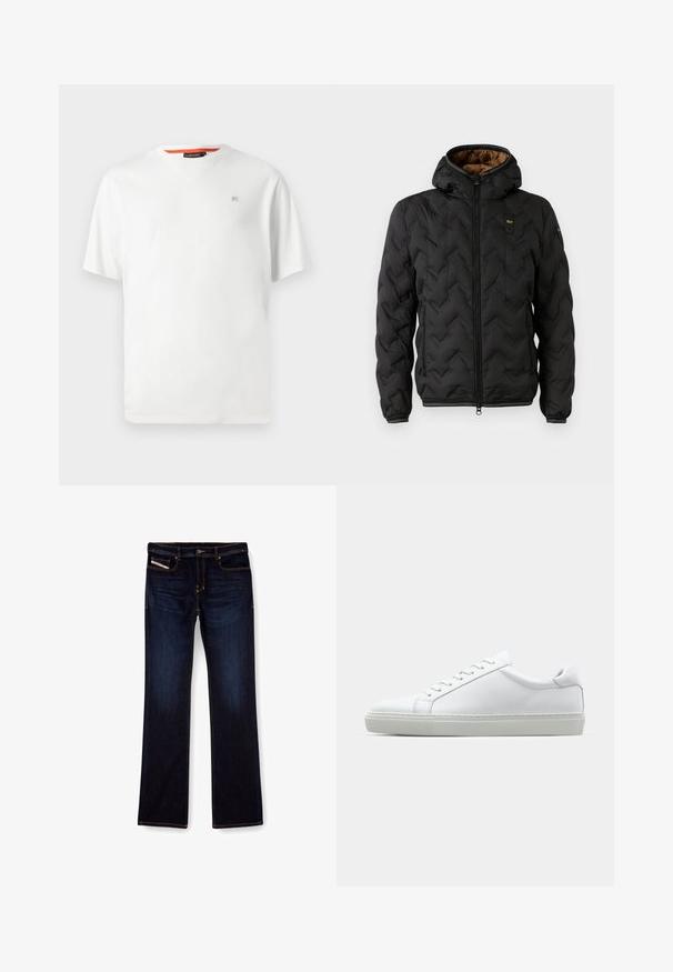 Černá péřová bunda s kapucí, s prošívaným chevronovým vzorem, zapínáním na zip a elastickými manžetami. Hnědá podšívka a detail loga.; Bílý krátký rukáv tričko s kulatým výstřihem, s malým nenápadným logem na levé hrudi a oranžovým detailem uvnitř límce.; Tmavě modré džíny z denimu se střihem rovného nohavice, s oranžovým prošíváním, zipem na přední straně a předními kapsami. Hladká textury a standardní pas.; Bílé tenisky s hladkým koženým svrškem a nízkým profilem. Mají zaoblenou špičku, šest nýtů a texturovanou gumovou podrážku.