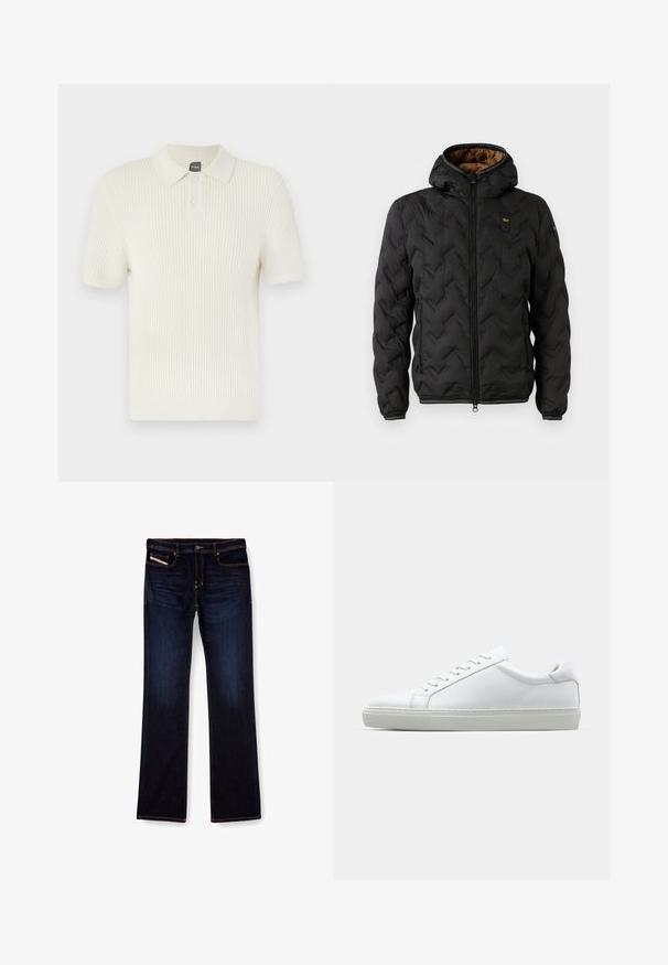 Černá péřová bunda s kapucí, s prošívaným chevronovým vzorem, zapínáním na zip a elastickými manžetami. Hnědá podšívka a detail loga.; BOSS AKOPPO - Polotričko - open yellow; Tmavě modré džíny z denimu se střihem rovného nohavice, s oranžovým prošíváním, zipem na přední straně a předními kapsami. Hladká textury a standardní pas.; Bílé tenisky s hladkým koženým svrškem a nízkým profilem. Mají zaoblenou špičku, šest nýtů a texturovanou gumovou podrážku.