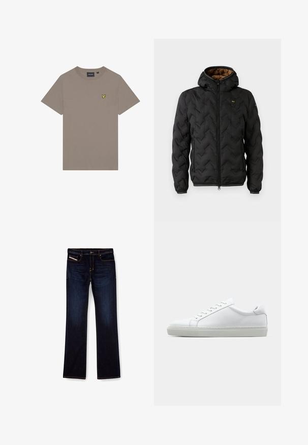 Black puffer jacket with a hood, featuring a quilted chevron pattern, zip front, and elastic cuffs. Brown interior lining and logo detail.; Tan short-sleeve t-shirt made of cotton. Features a small yellow embroidered logo on the left chest. Classic crew neck design.; Dark blue denim jeans with a straight leg cut, featuring orange stitching, a zip fly, and front pockets. Smooth texture and standard waistband.; White sneaker with a smooth leather upper and a low profile. Features a rounded toe, six eyelets, and a textured rubber sole.