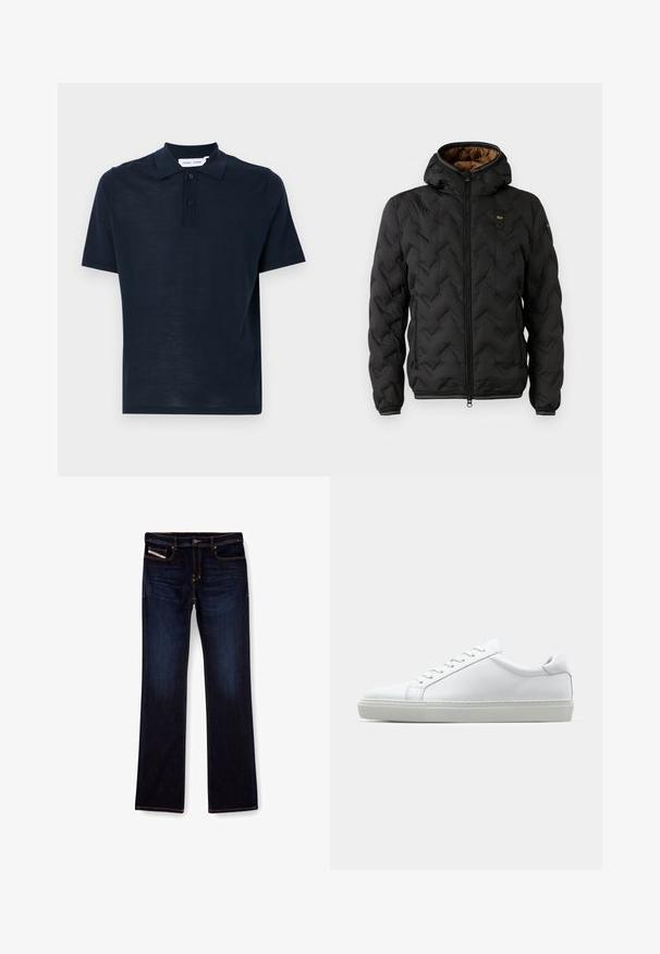 Giacca a vento nera con cappuccio, caratterizzata da un motivo a zigzag trapuntato, chiusura frontale con zip e polsini elasticizzati. Rivestimento interno marrone e dettaglio del logo.; Polo shirt blu navy realizzato in materiale morbido, maniche corte, colletto classico, patta con tre bottoni e una vestibilità rilassata.; Jeans in denim blu scuro con taglio dritto, caratterizzati da cuciture arancioni, chiusura con zip e tasche frontali. Texture liscia e vita standard.; Sneaker bianco con tomaia in pelle liscia e profilo basso. Presenta una punta arrotondata, sei occhielli e una suola in gomma testurizzata.