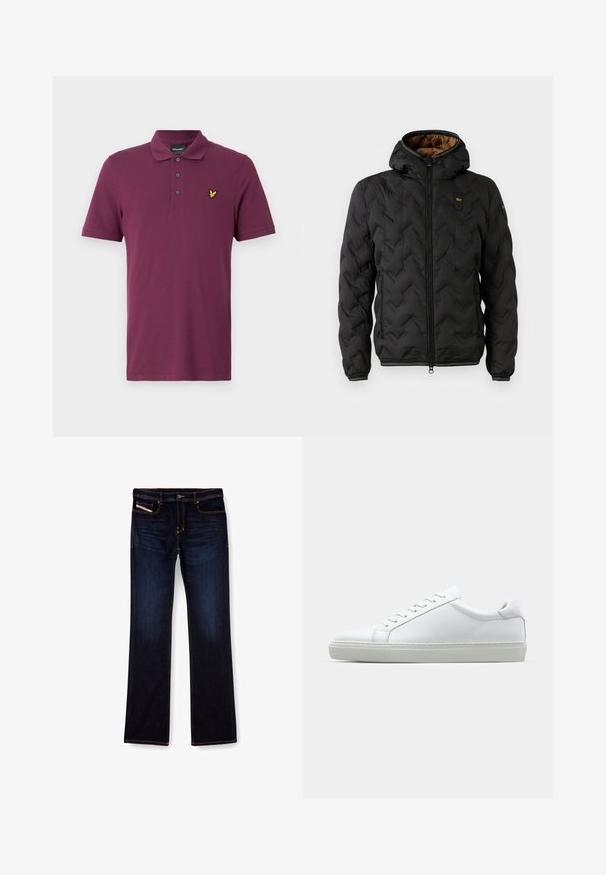Čierna zateplená bunda s kapucňou, s prešívaným vzorom v tvare šípu, so zipsom vpredu a elastickými manžetami. Hnedá podšívka a detail loga.; Burgundská bavlnená polo tričko s golierom, trojicou gombíkov, krátkymi rukávmi a malým žltým logom na ľavej hrudi.; Tmavomodré denimové džínsy so strihom rovné nohavice, s oranžovým prešívaním, s pružným zipsovým uzáverom a prednými vreckami. Hladká textúra a štandardný pás.; Biele tenisky s hladkým koženým zvrškom a nízkym profilom. Majú zaoblenú špičku, šesť očiek a štruktúrovanú gumovú podrážku.