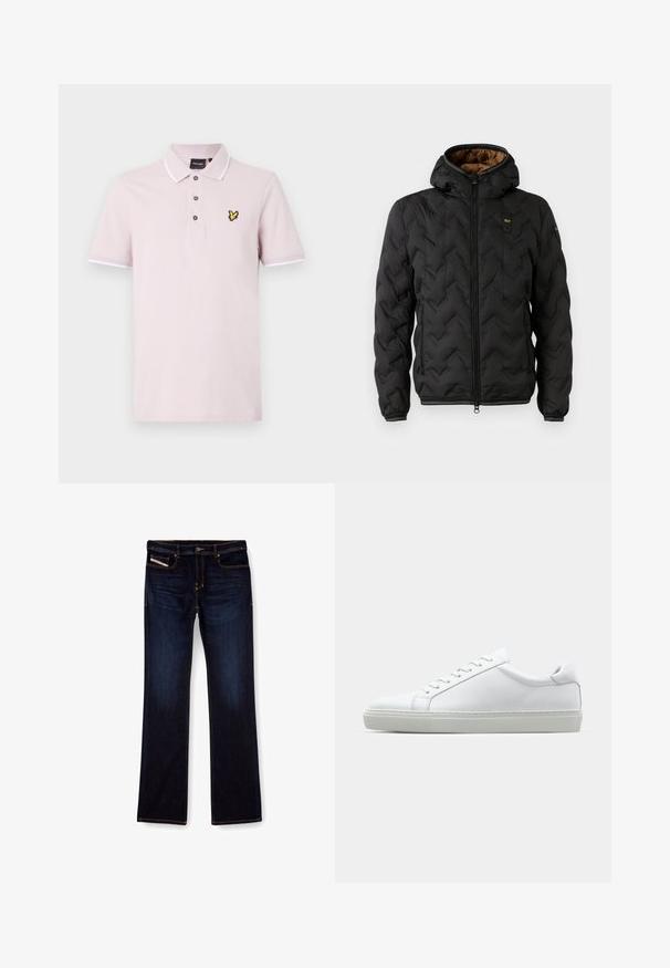 Giacca a vento nera con cappuccio, caratterizzata da un motivo a zigzag trapuntato, chiusura frontale con zip e polsini elasticizzati. Rivestimento interno marrone e dettaglio del logo.; Polo in cotone rosa chiaro con un colletto a tre bottoni, dettagli bianchi sul colletto e sulle maniche, e un logo a forma di farfalla gialla sul petto.; Jeans in denim blu scuro con taglio dritto, caratterizzati da cuciture arancioni, chiusura con zip e tasche frontali. Texture liscia e vita standard.; Sneaker bianco con tomaia in pelle liscia e profilo basso. Presenta una punta arrotondata, sei occhielli e una suola in gomma testurizzata.