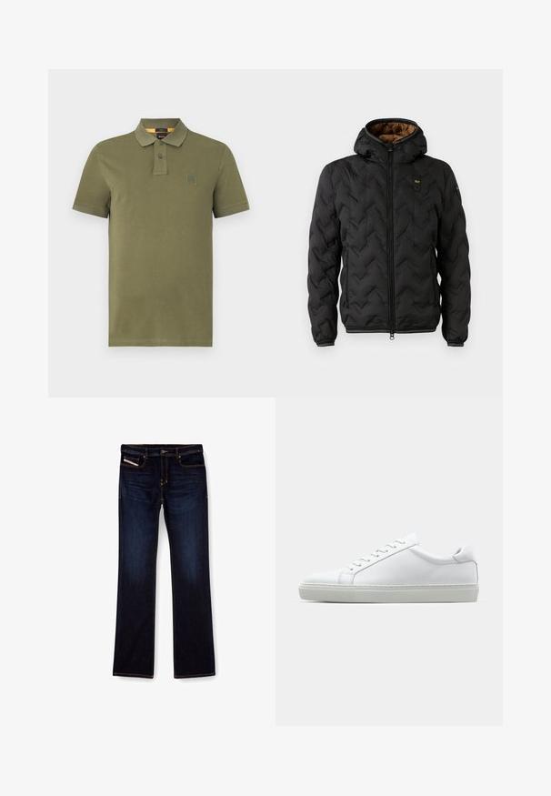 Juodas pūkinis švarkas su kapišonu, pasižymintis iškuldyta chevron raštu, užtrauktuku priekyje ir elastingomis rankovėmis. Ruda vidinė pamušalo spalva ir logotipo detalė.; Alyvuogių žalios spalvos polo marškiniai, pagaminti iš medvilnės, su trimis mygtukais, trumpomis rankovėmis ir mažuoju logotipu ant krūtinės.; Tamsiai mėlynos džinsinės kelnes su tiesiu kirpimu, su oranžiniu siuvu, užtrauktuku ir priekinėmis kišenėmis. Lygi tekstūra ir standartinė juosmens dalis.; Baltas sportinis batelis su lygiu odiniu paviršiumi ir žemu profiliu. Turi suapvalintą pirštą, šešis akių skyrius ir tekstūruotą gumos padą.